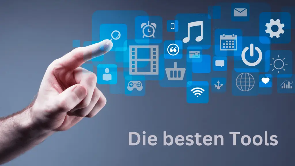 Eine Hand zeigt auf digitale Icons, die Cloudspeicherung, Zeitmanagement und Produktivität symbolisieren.
