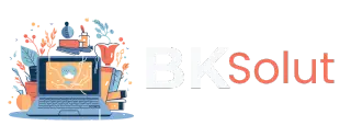 Das offizielle Logo von BK Solut mit dem Schriftzug "BK Solut" auf transparentem Hintergrund. Links daneben eine Illustration eines Laptops mit digitalen Symbolen und Büromaterial.